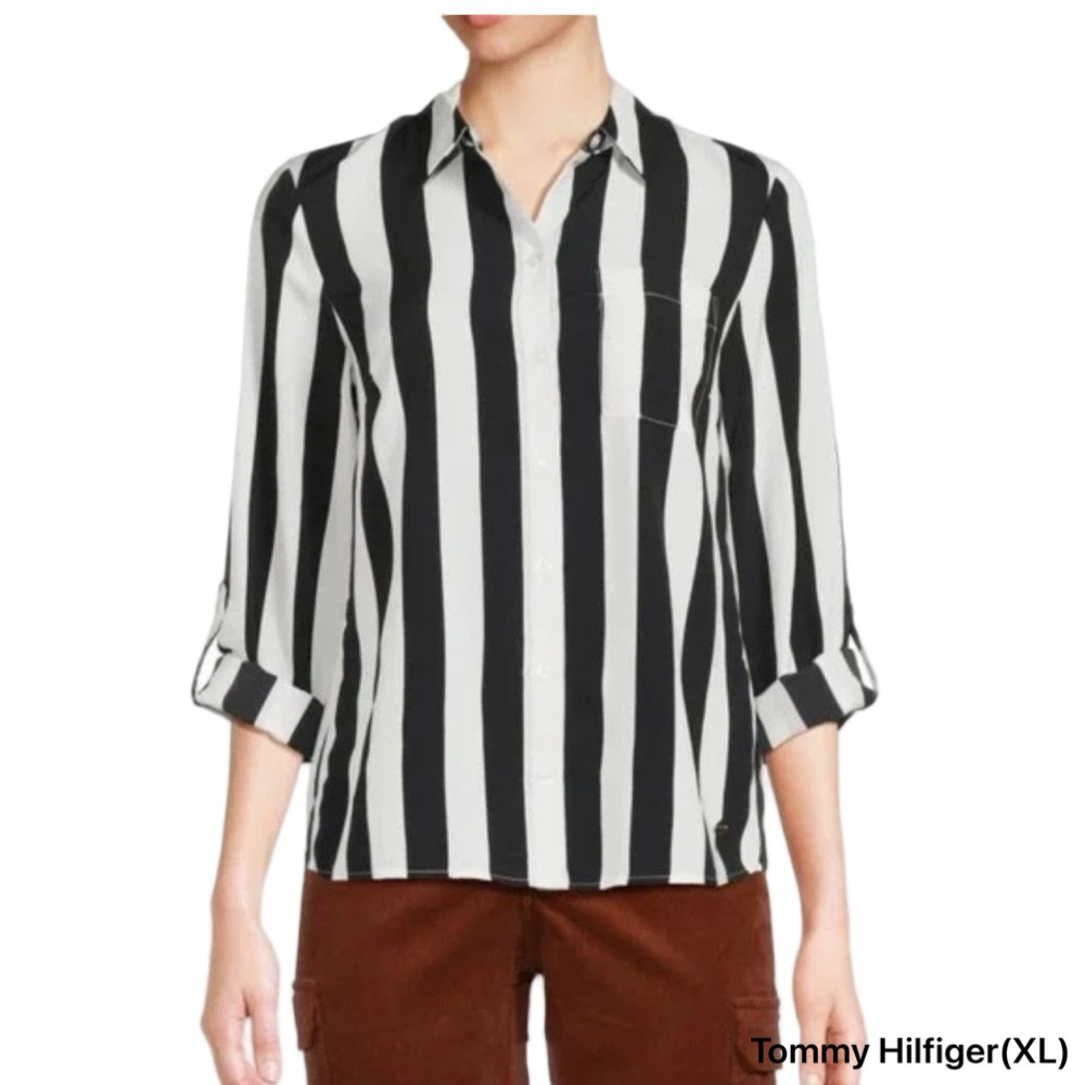 🍒Tommy Hilfiger Black and White Striped Button Down Shirt size XL GUC..